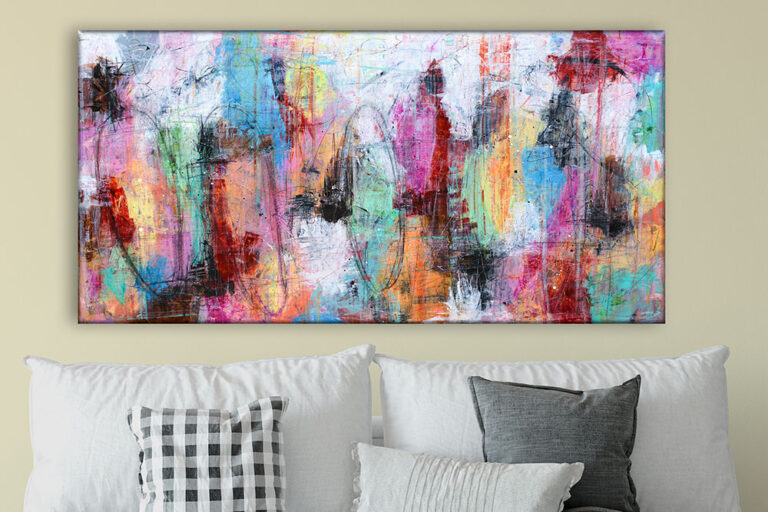Moderne abstrakt maleri til stuen, der illustrerer hvordan kunstneriske stilarter påvirker indretningen
