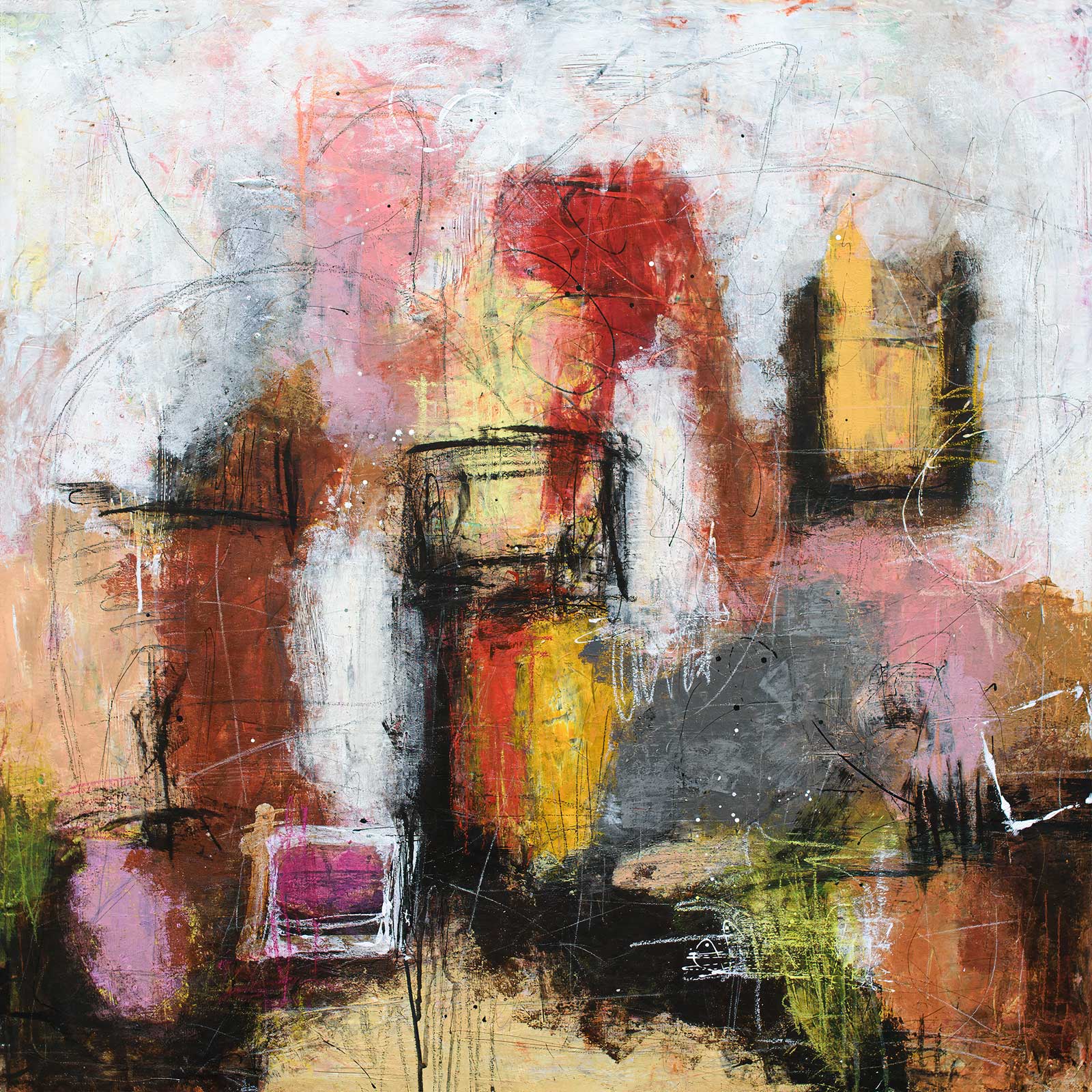 Abstrakt kunst til væggen med lag på lag, farvedybde, struktur og balancerede kompositioner i moderne stil.