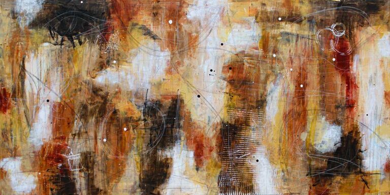Abstrakte malerier i jordfarver med dybde, varme okker, brune og råhvide lag med fine linjer og håndmalet karakter i moderne stil.