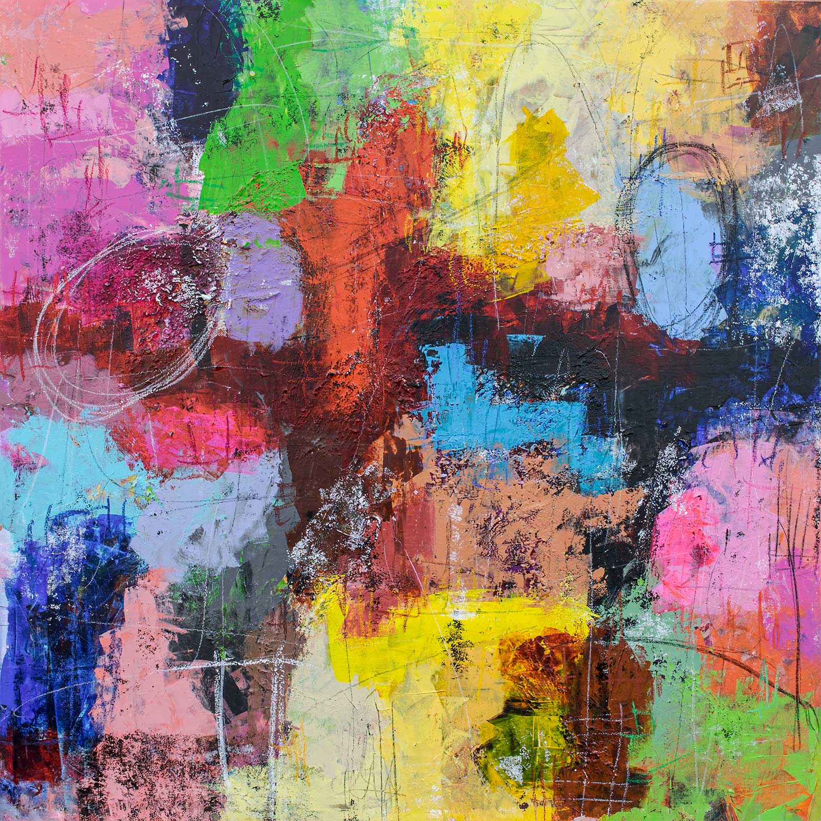 Malerier til stuen med lag på lag, struktur, farvedybde og moderne abstrakte motiver til skandinavisk indretning.