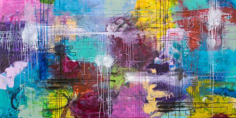 Stort abstrakt maleri til stuen, der samler væggen over sofaen og skaber et roligt fokuspunkt i moderne skandinavisk indretning.